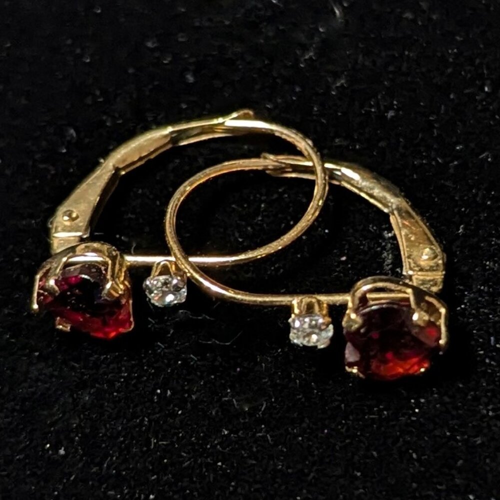 Genuine 10K Gold, Garnet & Diamond Earrings